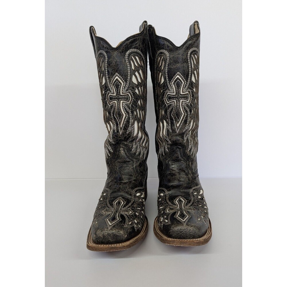 Corral 10M Women's Square Toe Black Distressed Leather Cross and Wings Boots